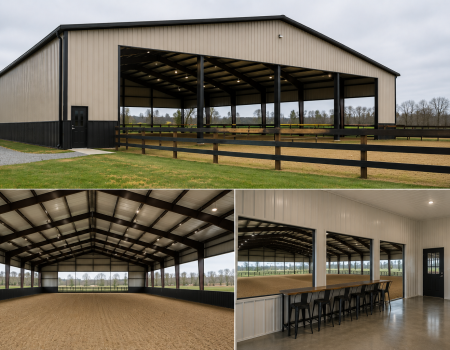 Professional indoor horse riding arena featuring wide-span red iron structural framing, viewing area, and custom steel exterior construction.