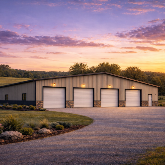 Large 4-bay commercial metal building with a tan exterior, charcoal gray wainscot, and premium stone accents. Featuring four white roll-up garage doors with overhead lighting on a sprawling asphalt driveway, engineered for industrial storage in Merced, California.