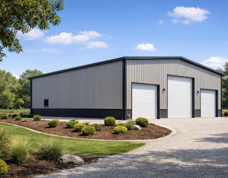 A 30x35 two-tone sand and charcoal metal workshop featuring a triple-bay front with three white roll-up doors, professional landscaping, and a gravel driveway. Engineered for high-clearance vehicle storage and hobbyist workspace in Merced, CA
