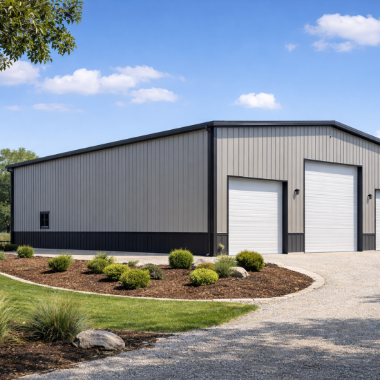 A 30x35 two-tone sand and charcoal metal workshop featuring a triple-bay front with three white roll-up doors, professional landscaping, and a gravel driveway. Engineered for high-clearance vehicle storage and hobbyist workspace in Merced, CA